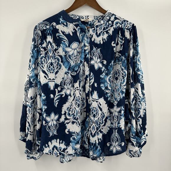 Haute Hippie Tops - Haute Hippie Top Womens Large Blue Floral Balloon Sleeve Cottage Coastal Boxy